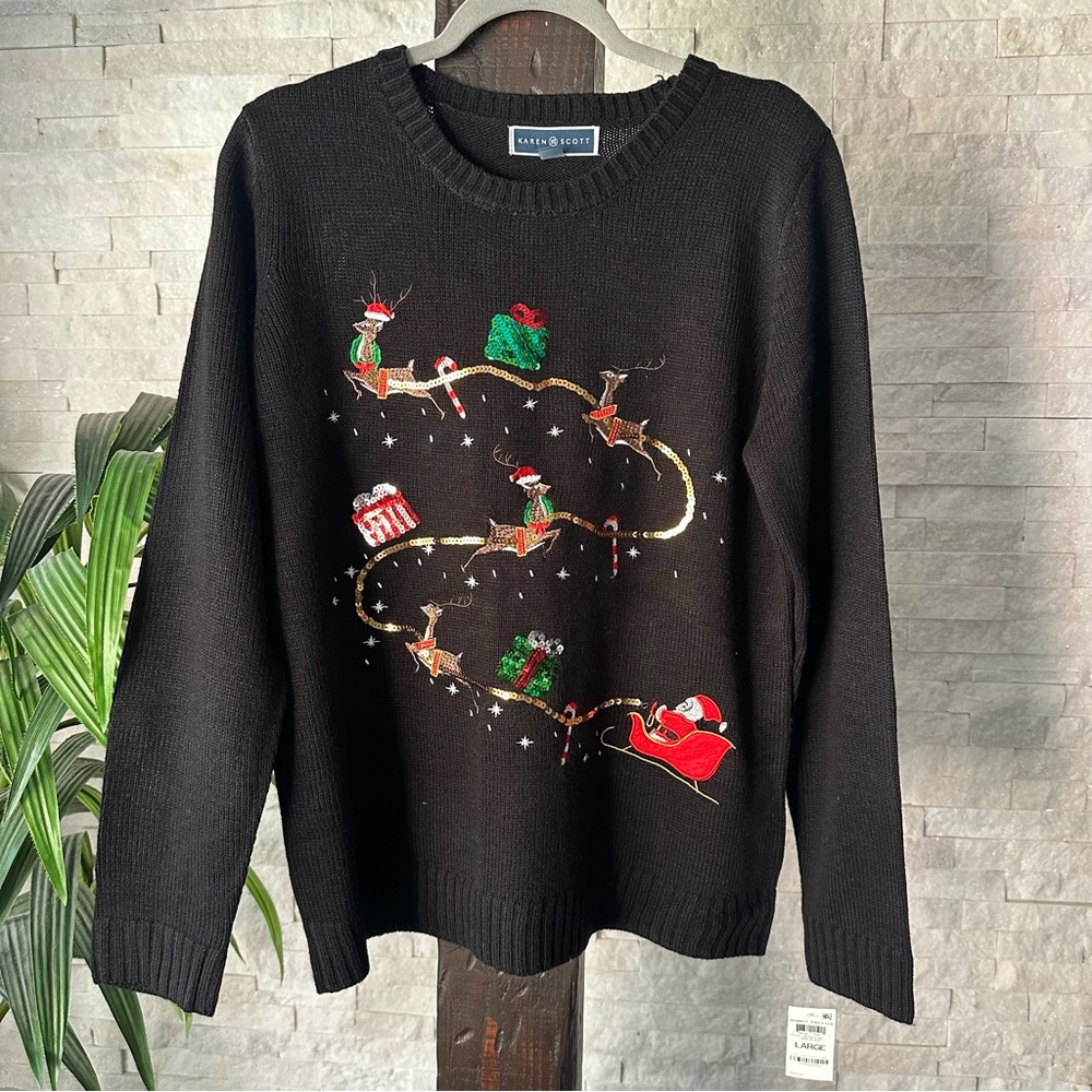 KAREN SCOTT Black Sequin Embroidered Christmas Holiday Sweater Size L NWT